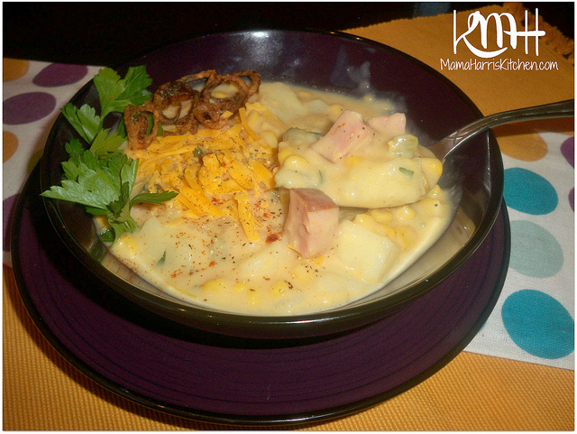 Ham, Potato, Corn & Cheese Chowder with Fried Shallots