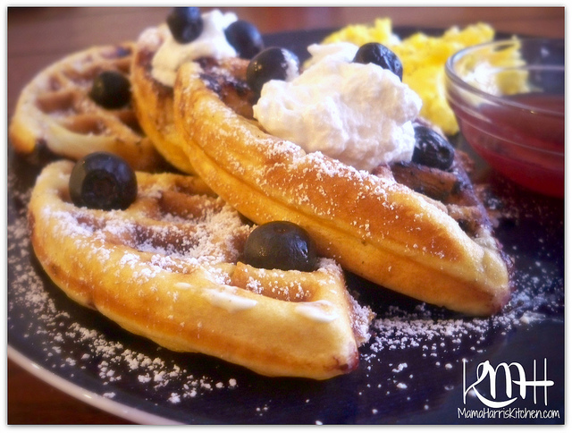 Fluffy Golden Blueberry Waffles with Whipped Cream
