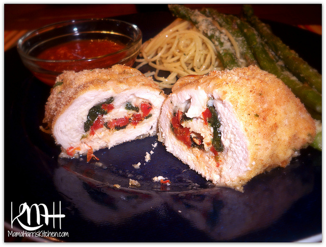 Breaded Chicken Stuffed with Provolone, Sun-Dried Tomatoes and Garlicky Spinach