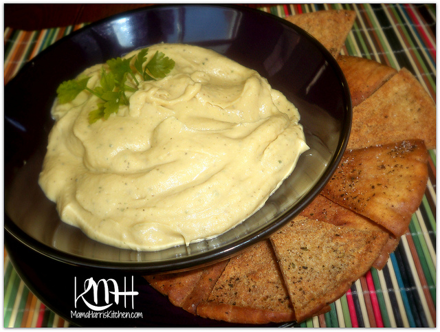 Roasted Garlic Hummus and Homemade Seasoned Pita Chips