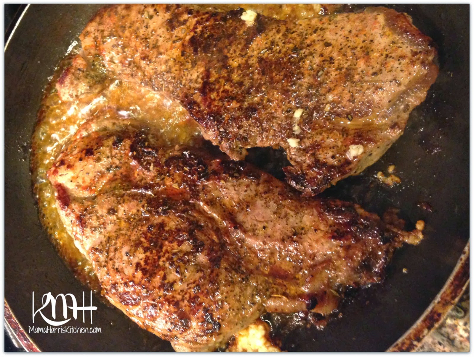 Seasoned & Pan-Fried NY Steaks with Garlic Butter Sauce