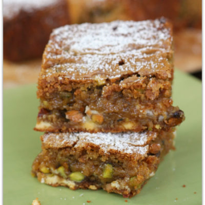 Browned Butter Pistachio Blondies with White Chocolate Chunks