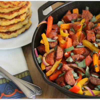 Peppers and Sausage with Corn Cakes