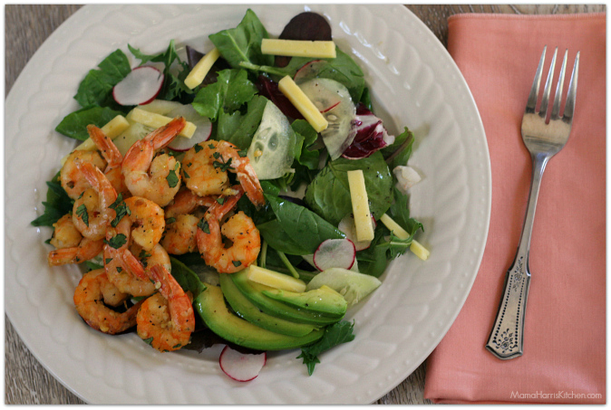 garlic butter shrimp over cucumber radish salad with kerrygold butter and blarney castle cheese | Mama Harris' Kitchen