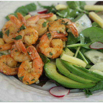 Garlic Butter Shrimp Over Cucumber Radish Salad