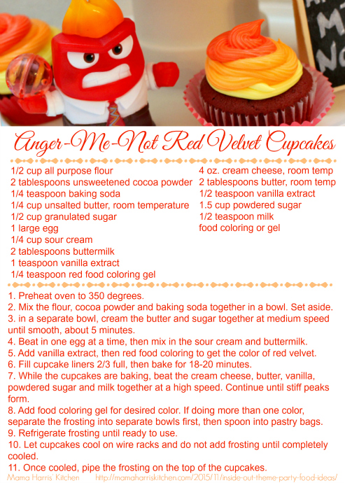 Inside Out Anger Me Not Red Velvet Cupcakes Printable Recipe Card #InsideOutEmotions #cbias AD | Mama Harris' Kitchen