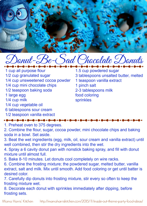 Inside Out Donut Be Sad Chocolate Donuts Printable Recipe Card #InsideOutEmotions #cbias AD | Mama Harris' Kitchen