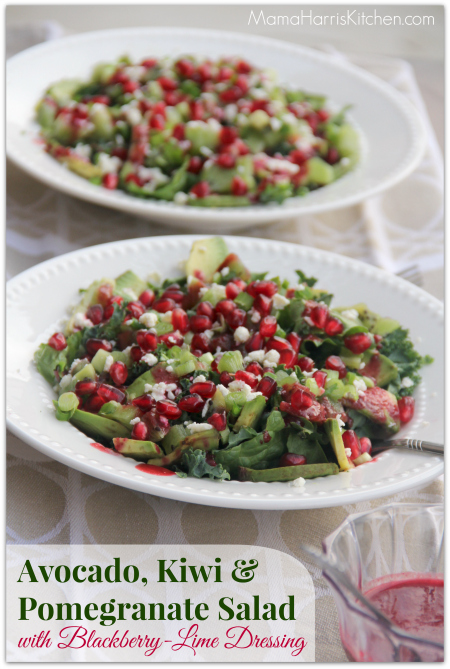 Thanksgiving for the Vegetarian - 12 Recipe Ideas - avocado, kiwi and pomegranate salad with blackberry lime dressing  | Mama Harris' Kitchen