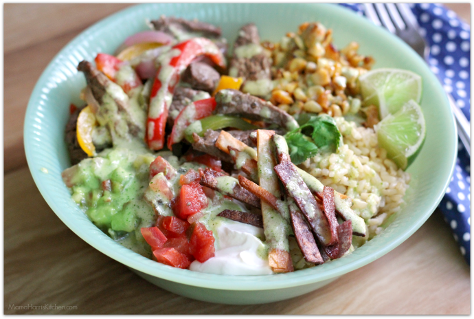 Beef Fajita Brown Rice Bowls with Roasted Corn, Pico de Gallo, Sour Cream and Creamy Cilantro Dressing using Sprouts Brand Beef and Products AD | Mama Harris' Kitchen