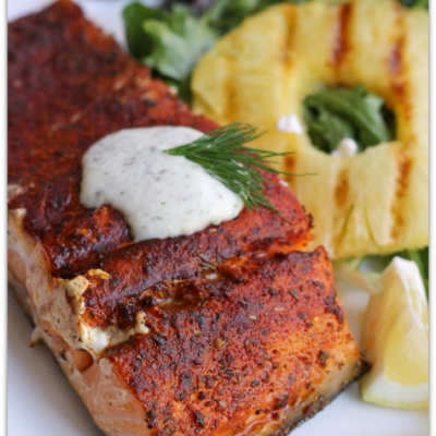 Grilled Blackened Salmon with Creamy Cucumber Dill Sauce