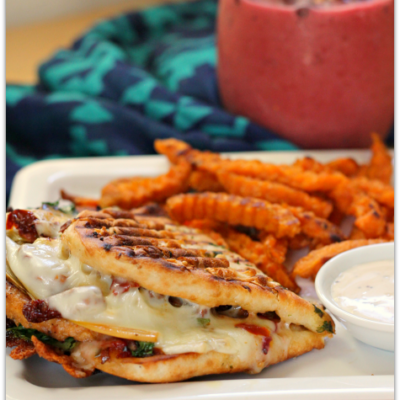 Naan Panini with Berry Smoothie and Crinkle Cut Sweet Potato Fries