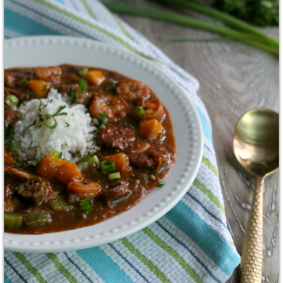 Shrimp, Chicken and Sausage Gumbo with Mango