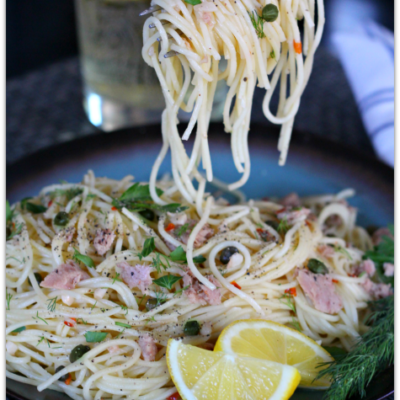 Lemon Pepper Tuna Pasta with White Wine Sauce, Capers and Dill