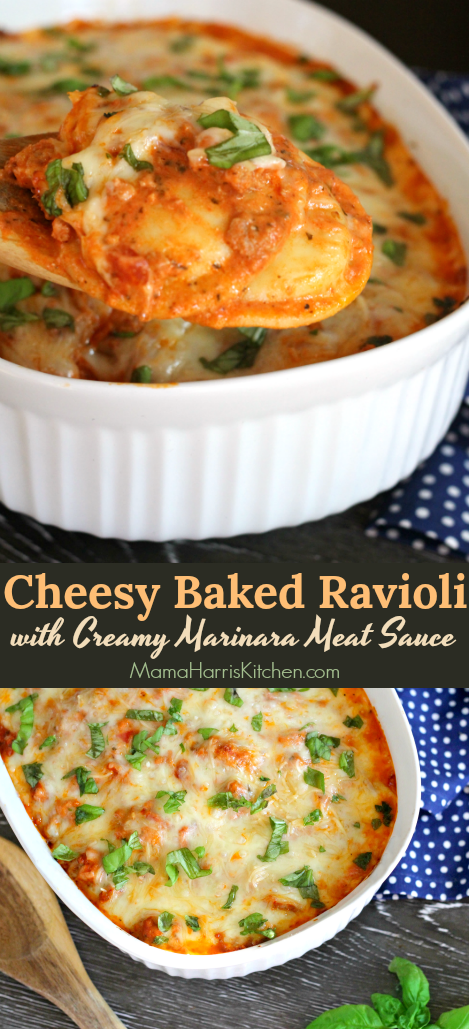 Cheesy Baked Ravioli Creamy Marinara Meat Sauce | Mama Harris' Kitchen