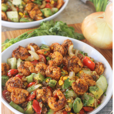 Pan-Seared Shrimp and Veggie Rice Bowl with Vidalia Onions