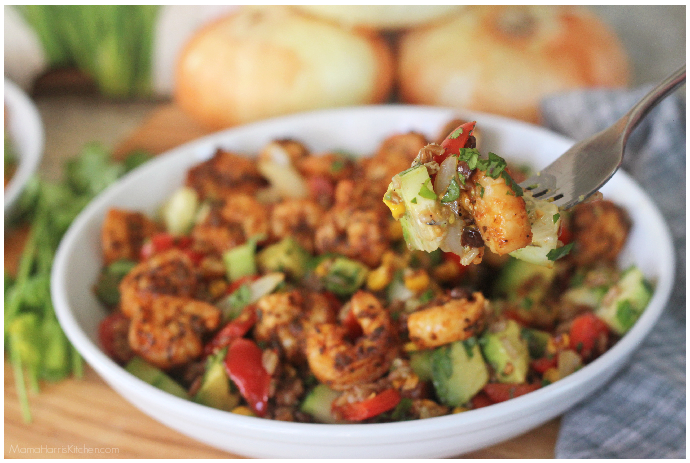 Pan-Seared Shrimp and Veggie Rice Bowl with Vidalia Onions - Mama Harris' Kitchen