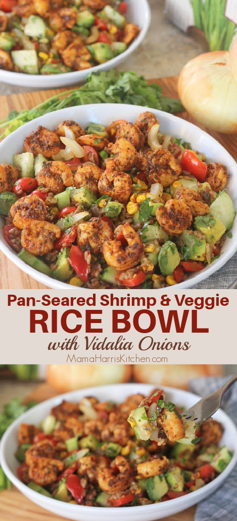 Pan-Seared Shrimp and Veggie Rice Bowl with Vidalia Onions
